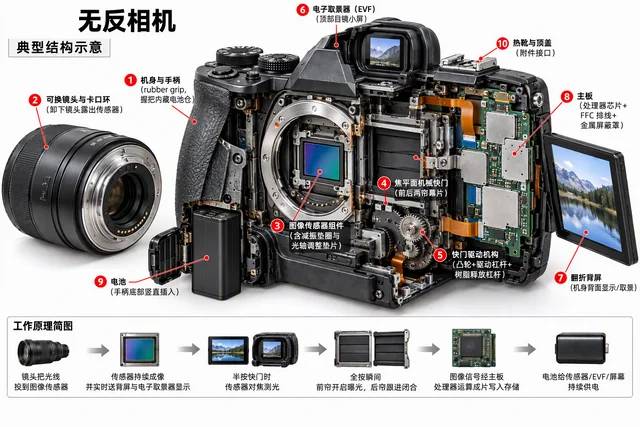 无反相机爆炸图，含中文零件标注