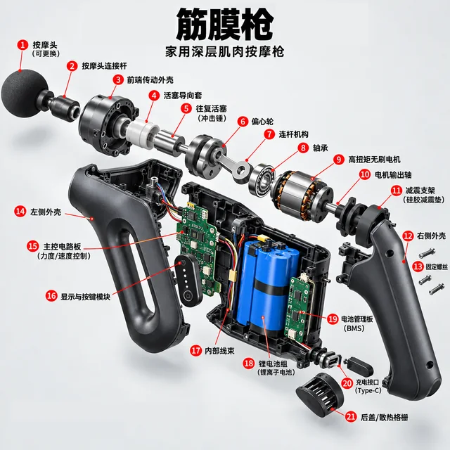 筋膜枪爆炸图，含中文零件标注