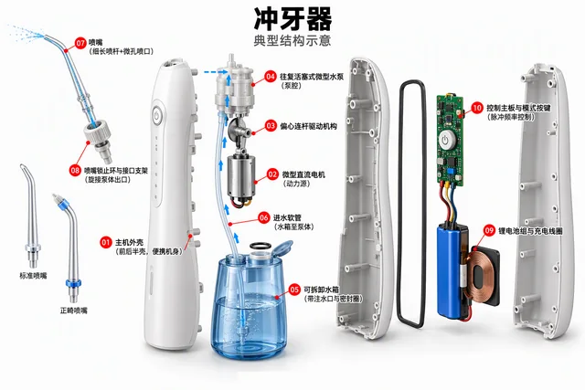 冲牙器爆炸图，含中文零件标注