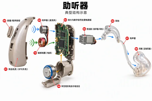 助听器爆炸图，含中文零件标注