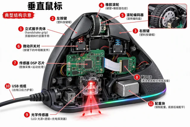 垂直鼠标爆炸图，含中文零件标注