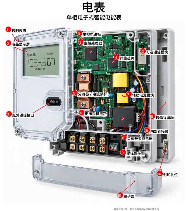 电表爆炸图，含中文零件标注