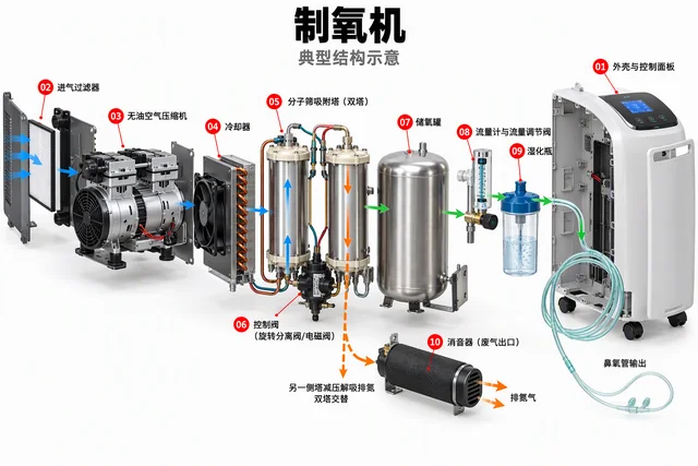 制氧机爆炸图，含中文零件标注