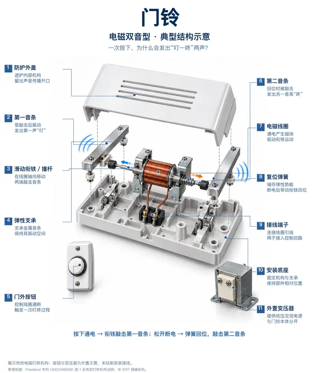 门铃爆炸图，含中文零件标注