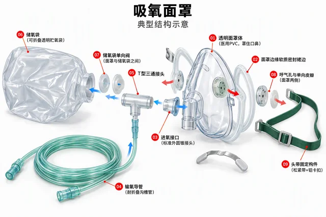 吸氧面罩爆炸图，含中文零件标注