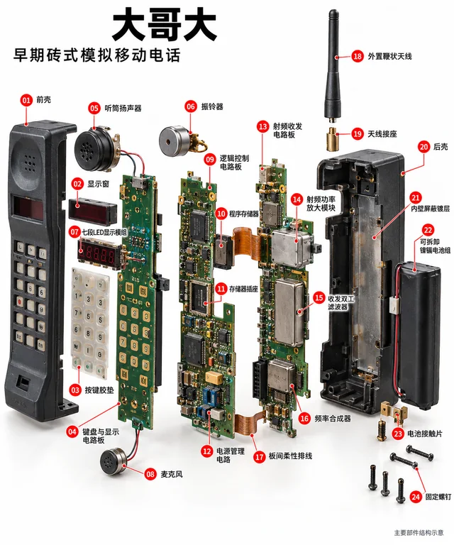 大哥大爆炸图，含中文零件标注