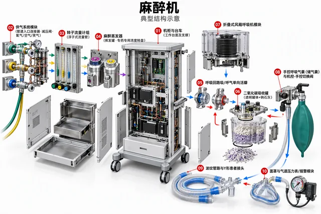 麻醉机爆炸图，含中文零件标注