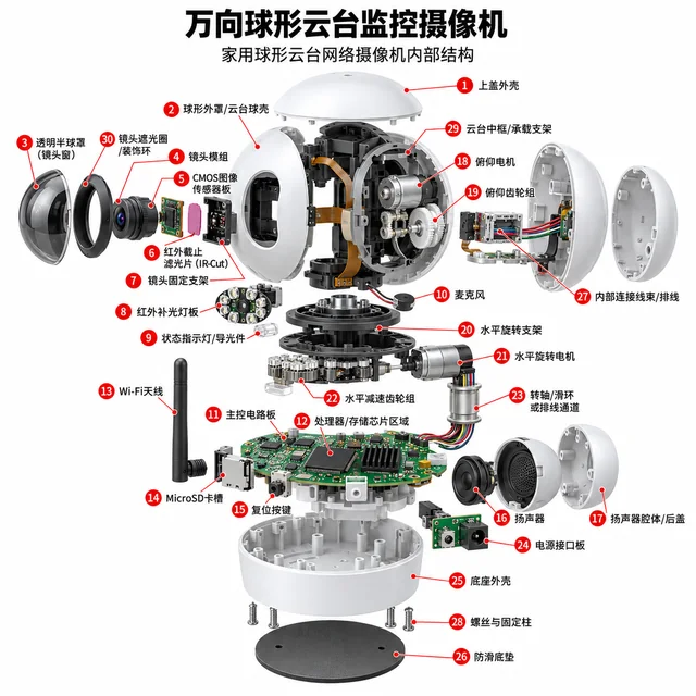 万向球形云台监控摄像机爆炸图，含中文零件标注