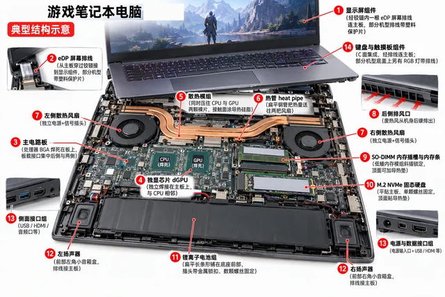 游戏笔记本电脑爆炸图，含中文零件标注