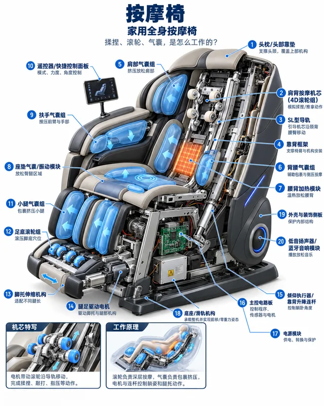 按摩椅爆炸图，含中文零件标注