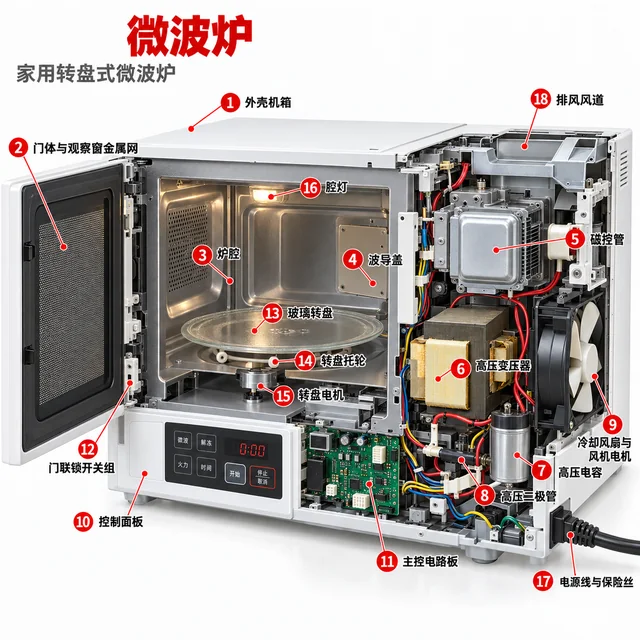 微波炉爆炸图，含中文零件标注