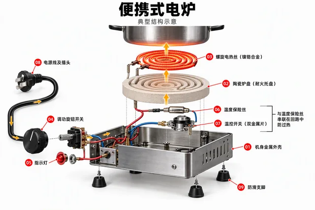 便携式电炉爆炸图，含中文零件标注