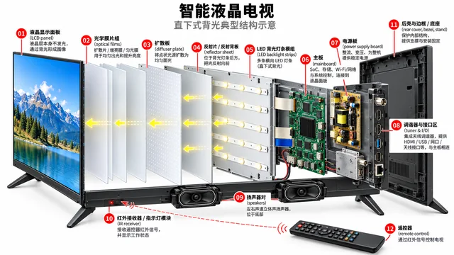 智能液晶电视爆炸图，含中文零件标注
