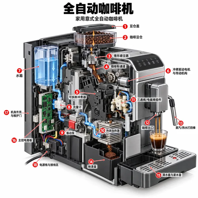 全自动咖啡机爆炸图，含中文零件标注