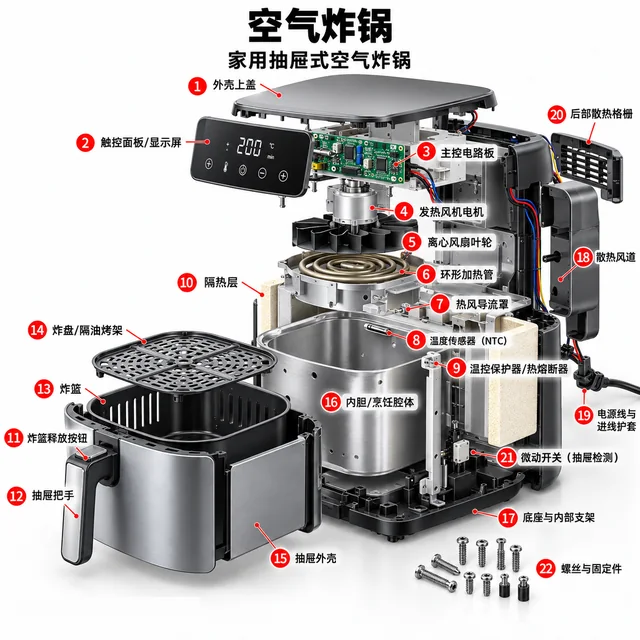 空气炸锅爆炸图，含中文零件标注