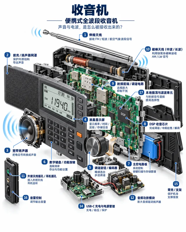 收音机爆炸图，含中文零件标注