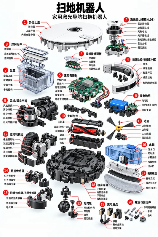 扫地机器人爆炸图，含中文零件标注