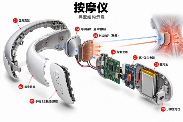 按摩仪爆炸图，含中文零件标注