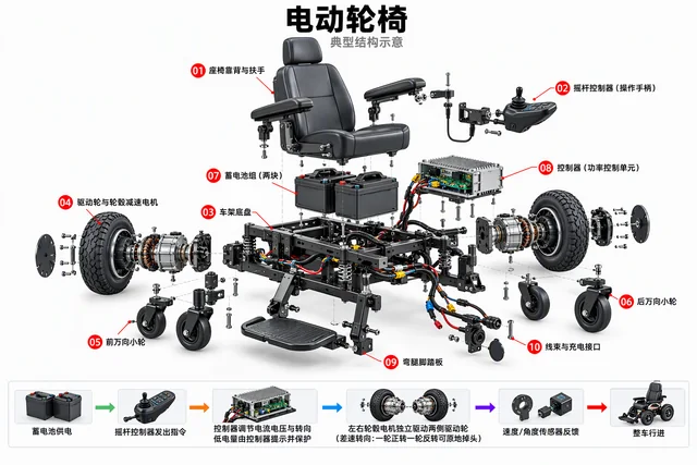 电动轮椅爆炸图，含中文零件标注
