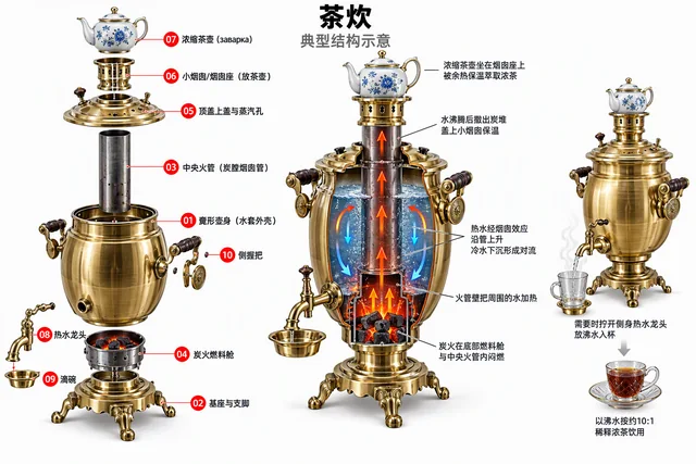 茶炊爆炸图，含中文零件标注