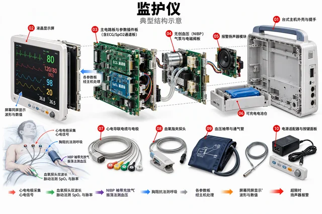 监护仪爆炸图，含中文零件标注
