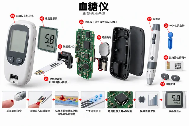 血糖仪爆炸图，含中文零件标注