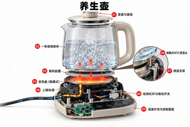 养生壶爆炸图，含中文零件标注