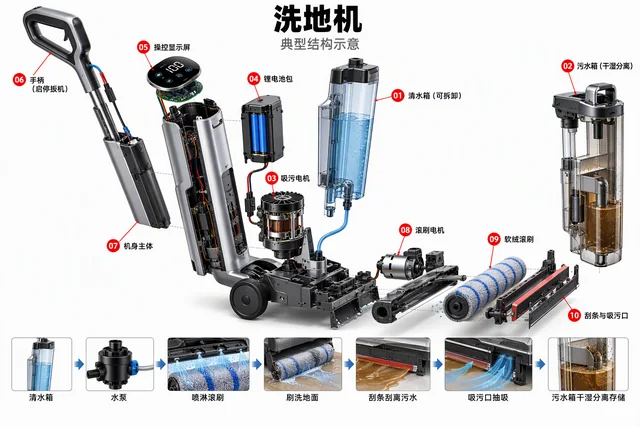 洗地机爆炸图，含中文零件标注