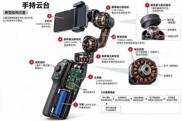 手持云台爆炸图，含中文零件标注