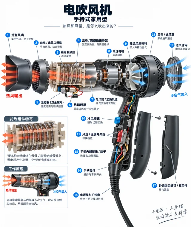 电吹风机爆炸图，含中文零件标注