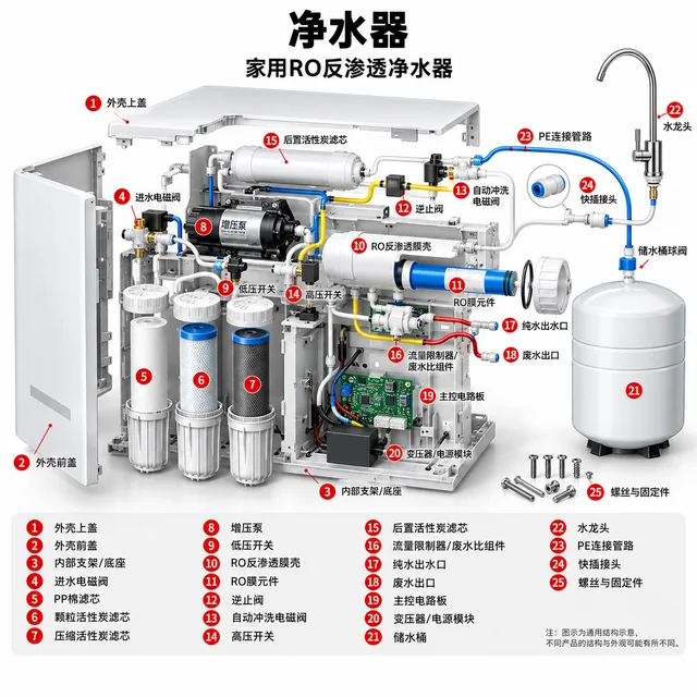 净水器爆炸图，含中文零件标注