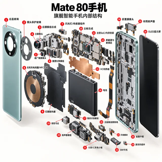 Mate 80手机爆炸图，含中文零件标注