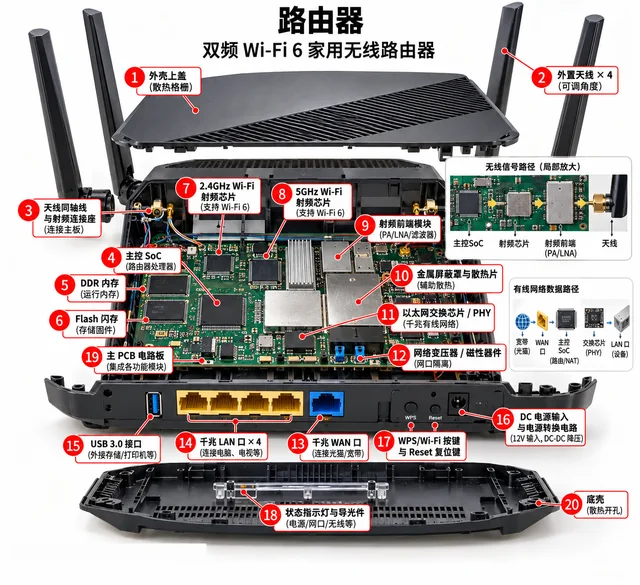 路由器爆炸图，含中文零件标注
