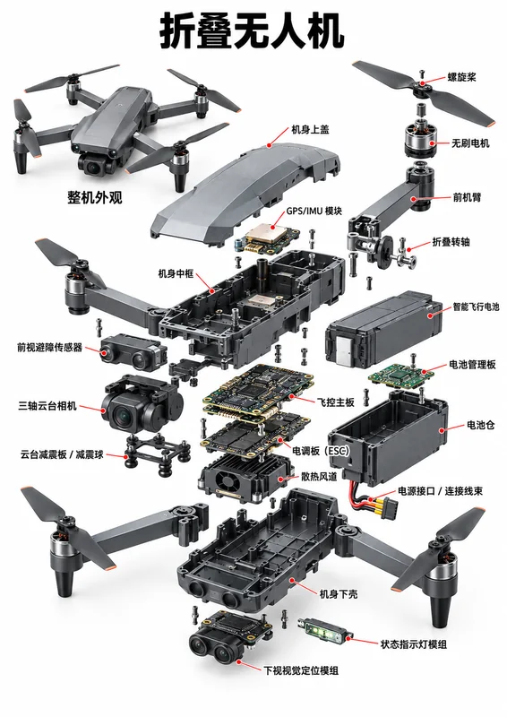 折叠无人机爆炸图，含中文零件标注