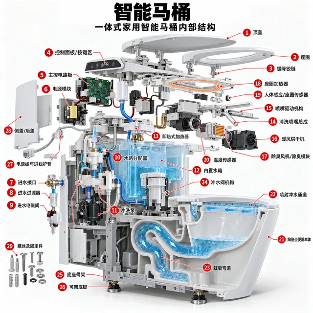 智能马桶爆炸图，含中文零件标注