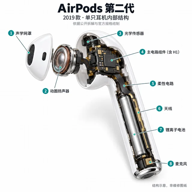 AirPods 第二代爆炸图，含中文零件标注
