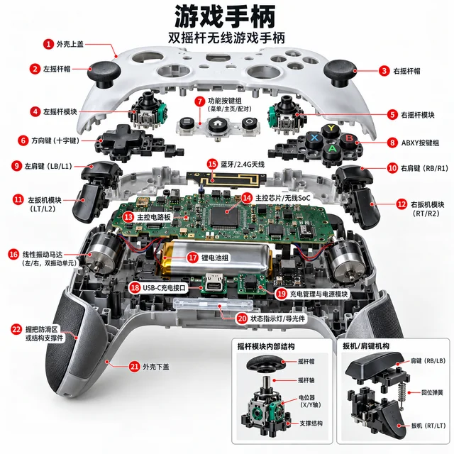 游戏手柄爆炸图，含中文零件标注