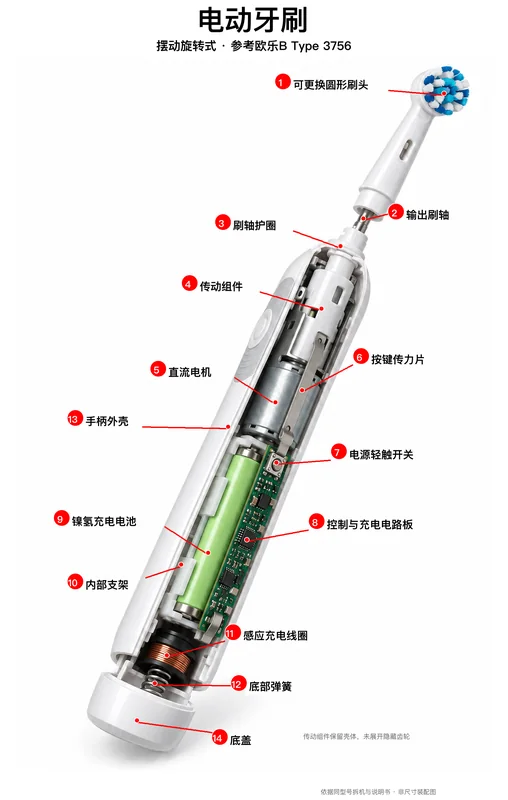 电动牙刷爆炸图，含中文零件标注
