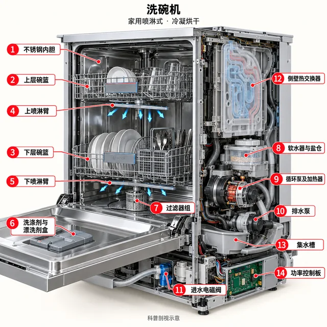 洗碗机爆炸图，含中文零件标注