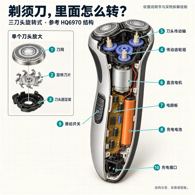 旋转式剃须刀爆炸图，含中文零件标注