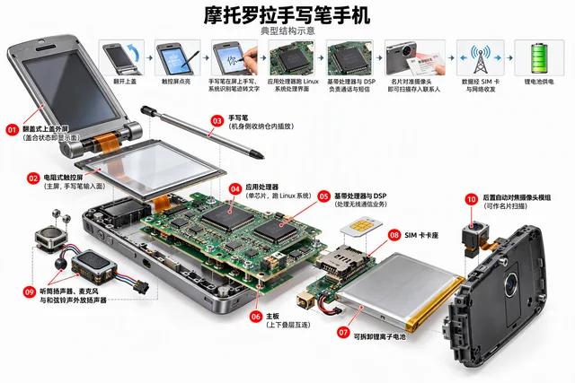 摩托罗拉手写笔手机爆炸图，含中文零件标注