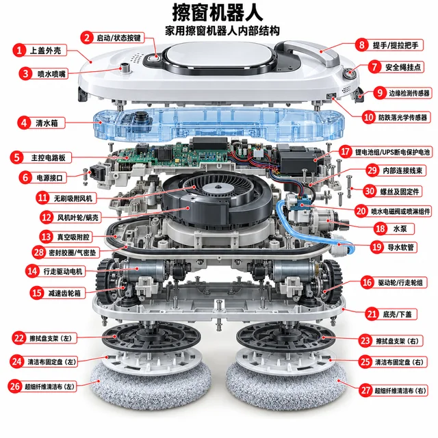 擦窗机器人爆炸图，含中文零件标注