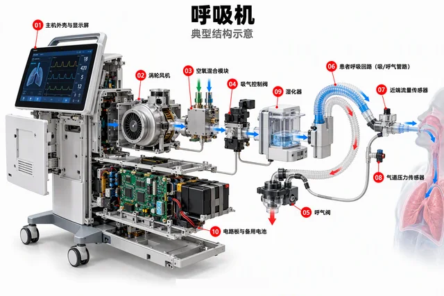 呼吸机爆炸图，含中文零件标注