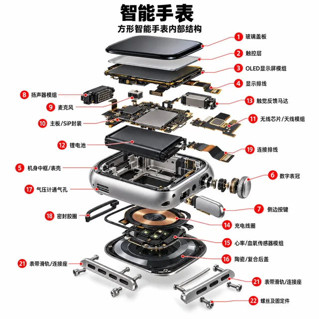 智能手表爆炸图，含中文零件标注