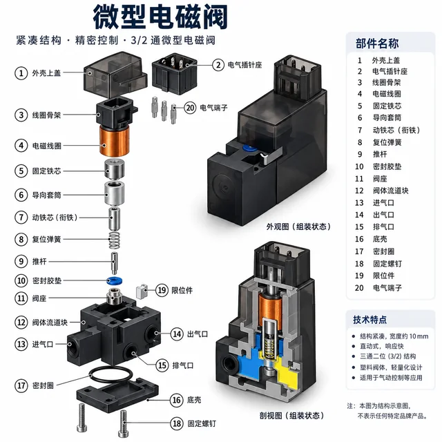 微型电磁阀爆炸图，含中文零件标注