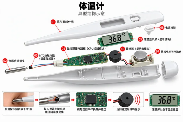体温计爆炸图，含中文零件标注