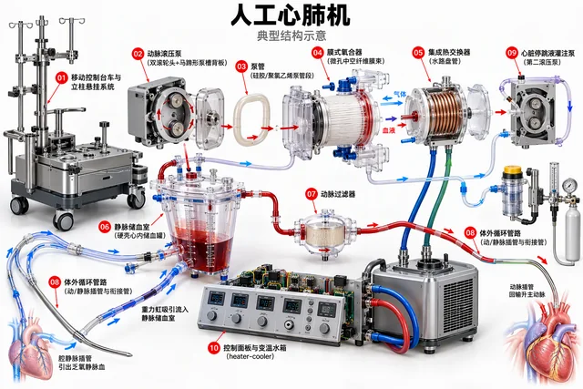 人工心肺机爆炸图，含中文零件标注