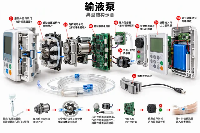 输液泵爆炸图，含中文零件标注