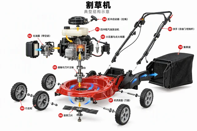 割草机爆炸图，含中文零件标注