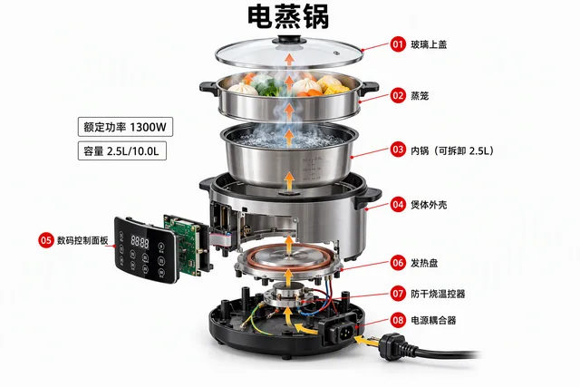 电蒸锅爆炸图，含中文零件标注